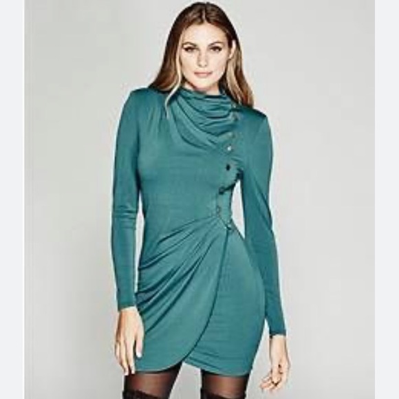 Marciano by GUESS Long Sleeve Bodycon Short Dark Turquoise Evening Dress - Picture 2 of 7